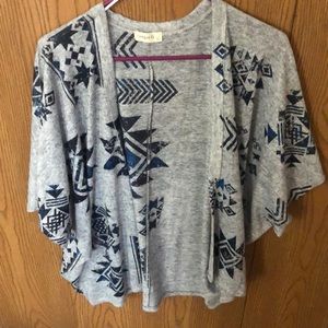 Gray with Aztec blue pattern sweater shrug